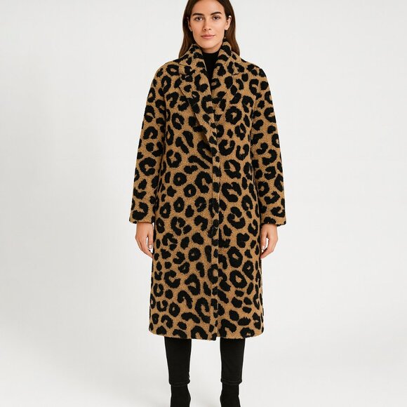 Vagabond Leopard Print Teddy Longline Coat Size One Size - Picture 1 of 4